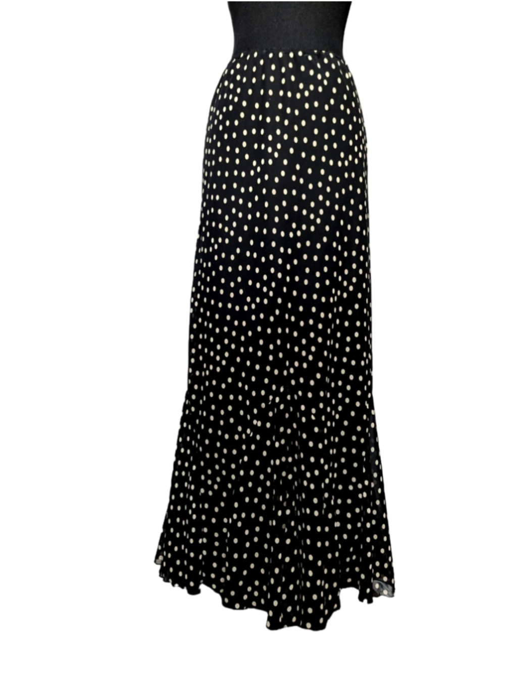 Vintage Chadwick's Polka Dot Flounce Hem Maxi Skirt Black Cream Size 8T - Picture 2 of 10